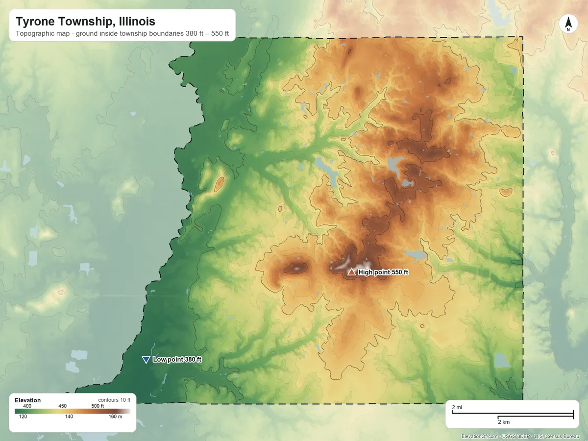 Topographic elevation map of Tyrone Township, Illinois, shaded from 380 ft on the west side to 550 ft on the west side