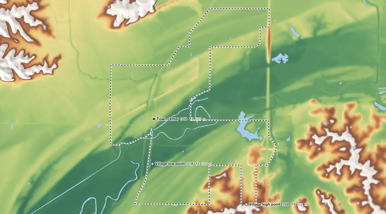 Topographic elevation map of Ullin, Illinois, shaded from 320 ft on the south side to 390 ft on the southeast side