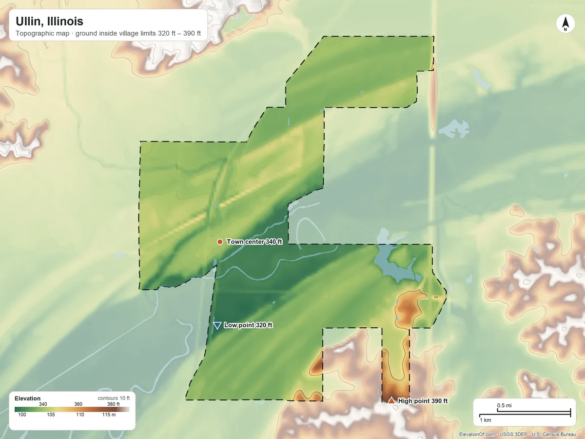 Topographic elevation map of Ullin, Illinois, shaded from 320 ft on the south side to 390 ft on the southeast side