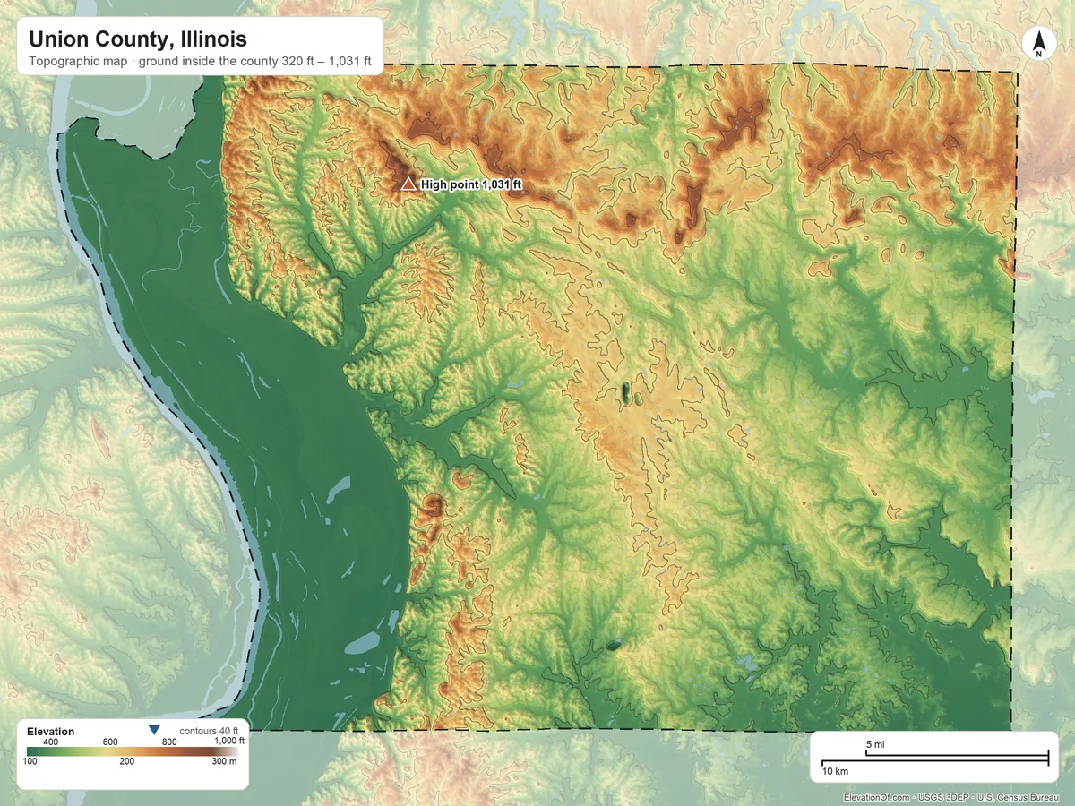 Topographic elevation map of Union County, Illinois, shaded from 320 ft on the southwest side to 1,031 ft on Bald Knob