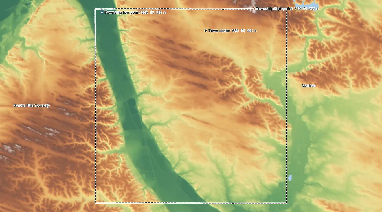 Topographic elevation map of Union Grove Township, Illinois, shaded from 580 ft on the west side to 770 ft on the northeast side