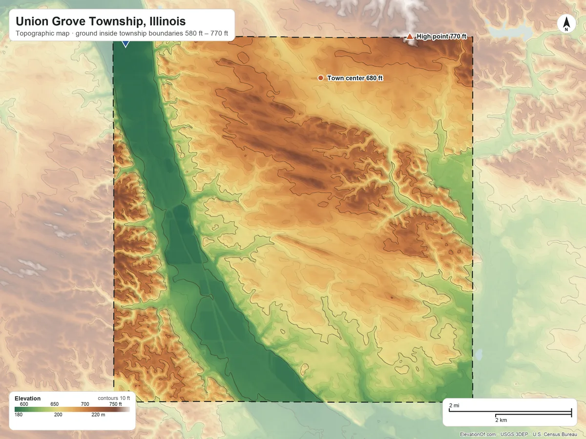 Topographic elevation map of Union Grove Township, Illinois, shaded from 580 ft on the west side to 770 ft on the northeast side