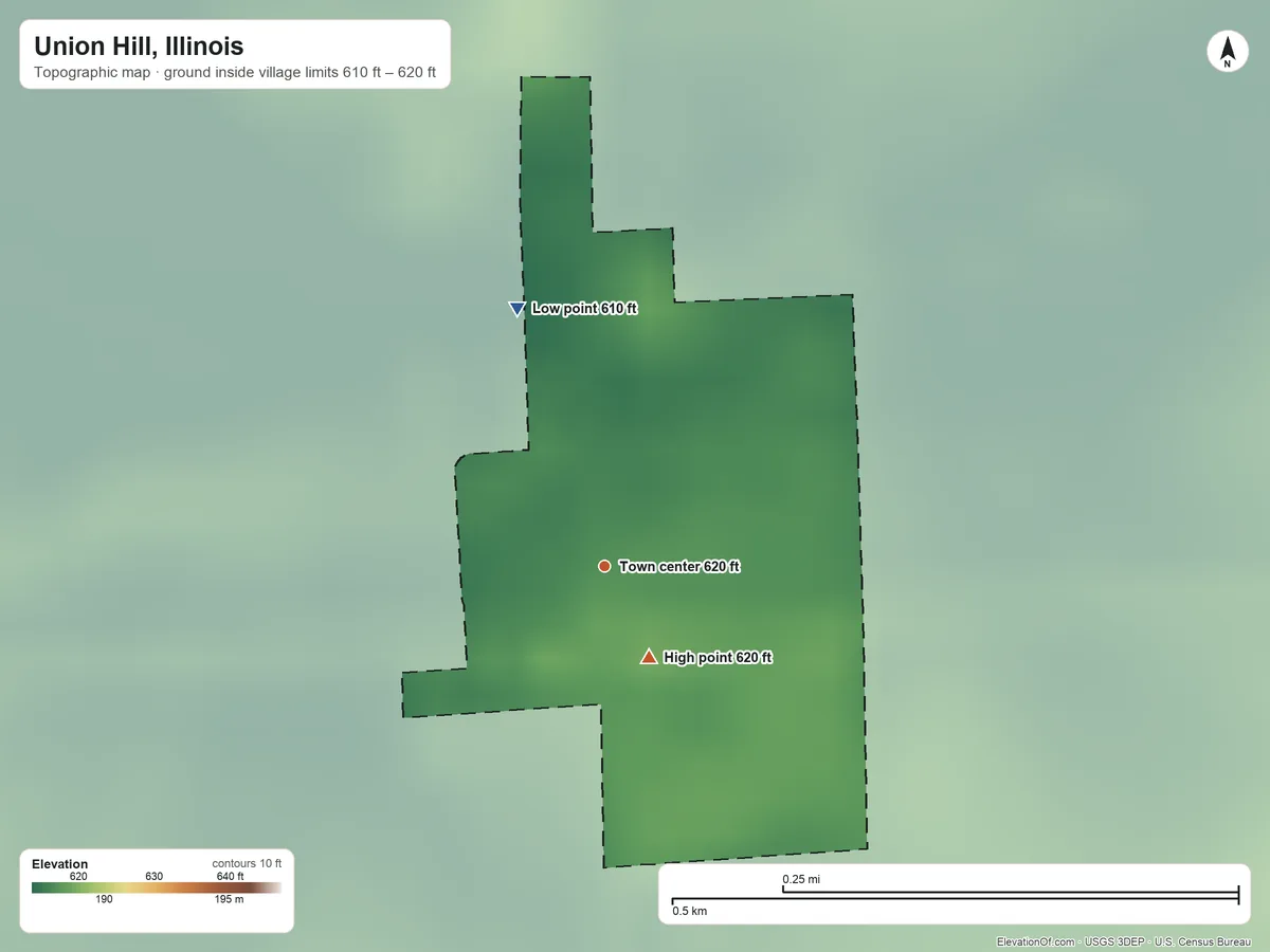 Topographic elevation map of Union Hill, Illinois, shaded from 610 ft on the north side to 620 ft on the southeast side