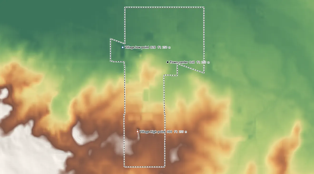 Topographic elevation map of Union, Illinois, shaded from 820 ft on the west side to 900 ft on the southwest side