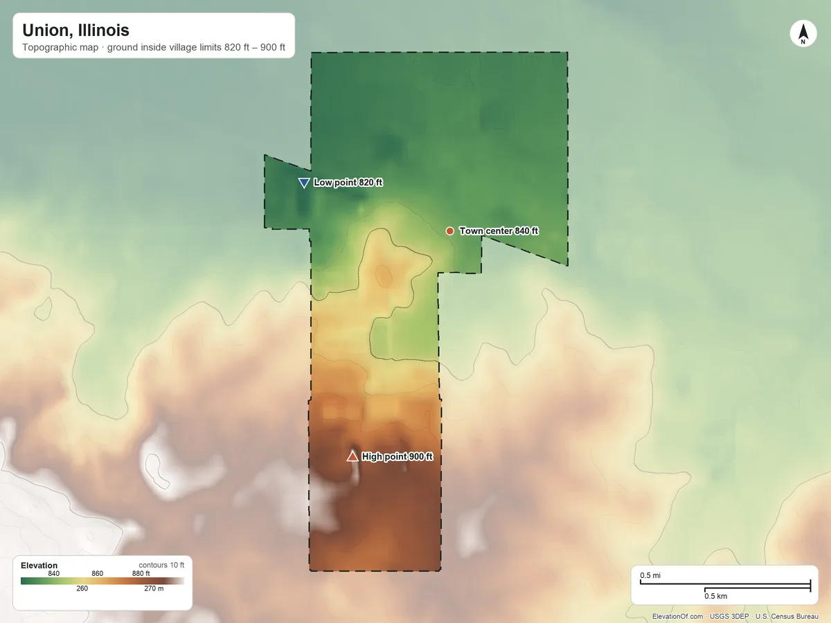 Topographic elevation map of Union, Illinois, shaded from 820 ft on the west side to 900 ft on the southwest side