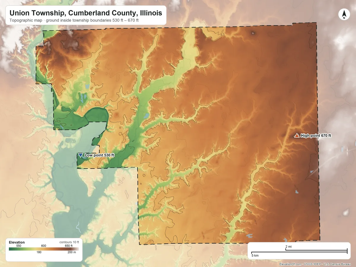 Topographic elevation map of Union Township, Cumberland County, Illinois, shaded from 530 ft on the west side to 670 ft on the east side