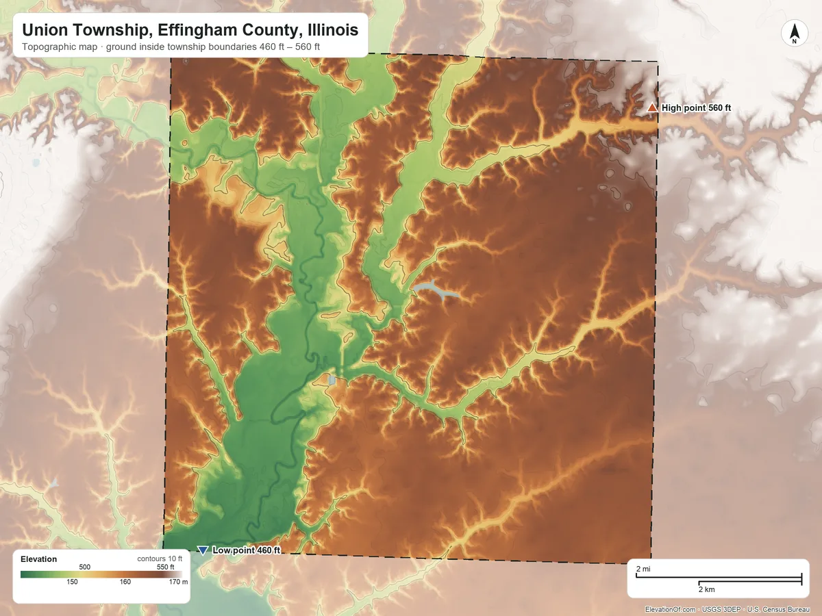 Topographic elevation map of Union Township, Effingham County, Illinois, shaded from 460 ft on the southwest side to 560 ft on the northeast side
