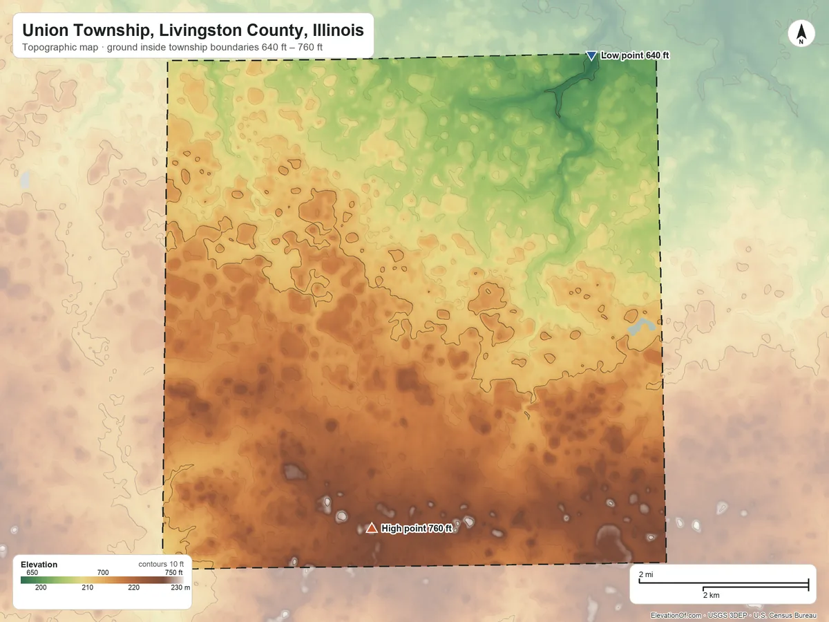 Topographic elevation map of Union Township, Livingston County, Illinois, shaded from 640 ft on the northeast side to 760 ft on the southwest side