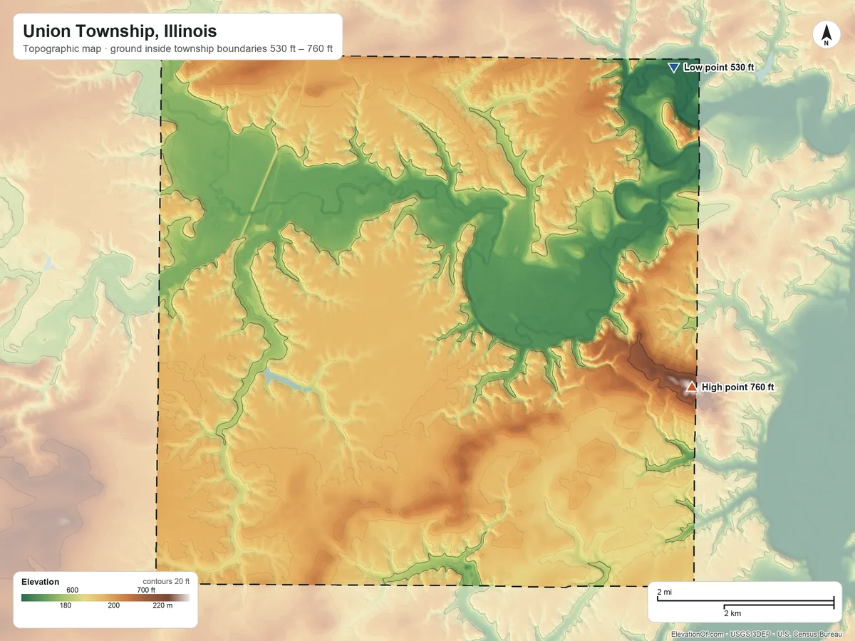 Topographic elevation map of Union Township, Illinois, shaded from 530 ft on the northeast side to 760 ft on Haney Hill