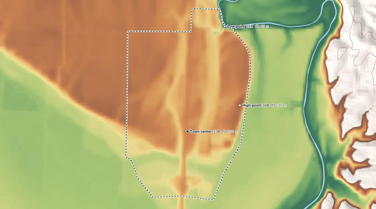 Topographic elevation map of Unity, Illinois, shaded from 310 ft on the north side to 340 ft on the northeast side