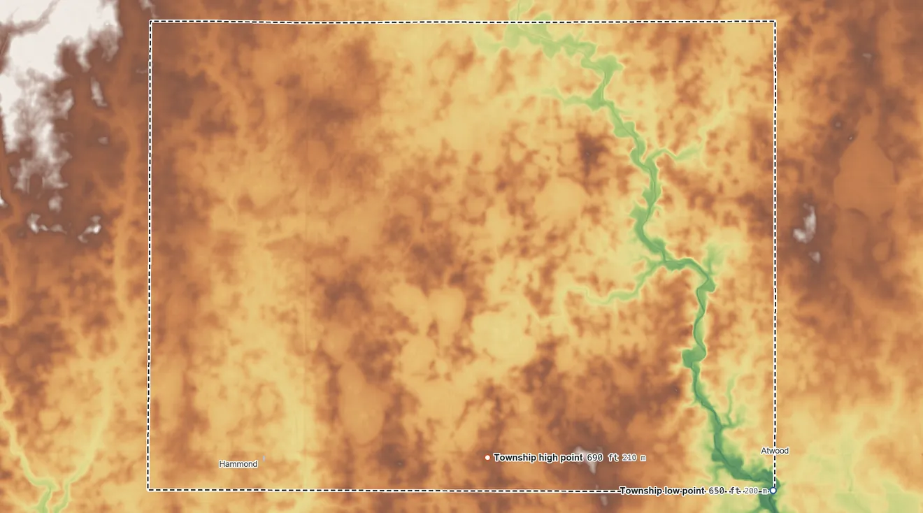 Topographic elevation map of Unity Township, Illinois, shaded from 650 ft on the east side to 690 ft near the middle