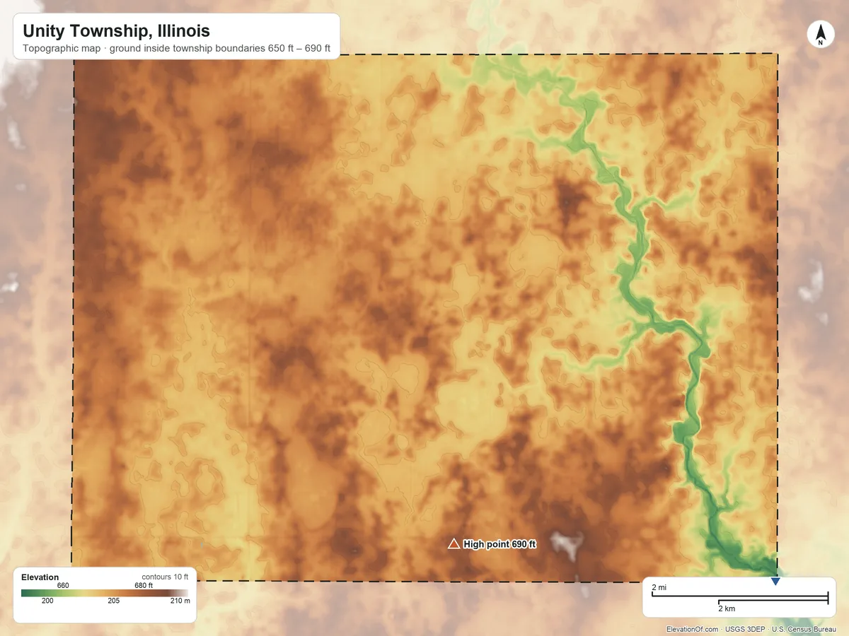 Topographic elevation map of Unity Township, Illinois, shaded from 650 ft on the east side to 690 ft near the middle