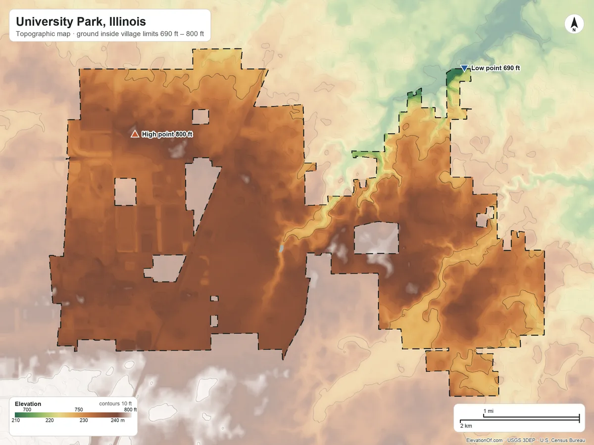 Topographic elevation map of University Park, Illinois, shaded from 690 ft on the north side to 800 ft on the northwest side