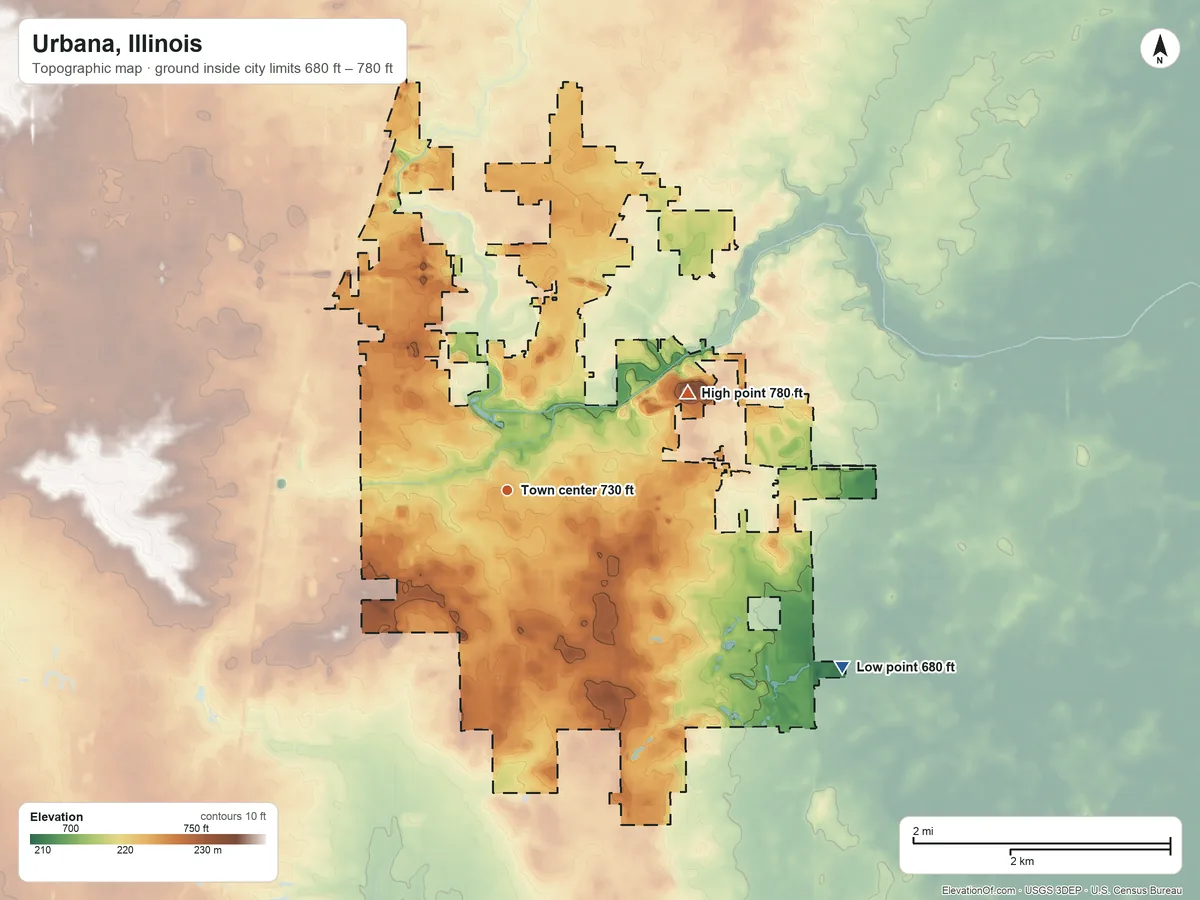 Topographic elevation map of Urbana, Illinois, shaded from 680 ft on the southeast side to 780 ft on the northeast side