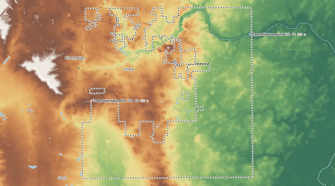 Topographic elevation map of Urbana Township, Illinois, shaded from 670 ft on the east side to 780 ft on the southwest side