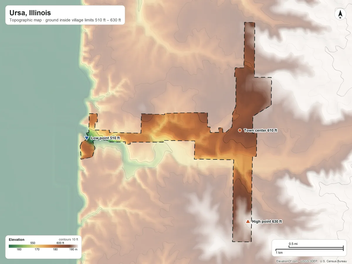 Topographic elevation map of Ursa, Illinois, shaded from 510 ft on the west side to 630 ft on the south side
