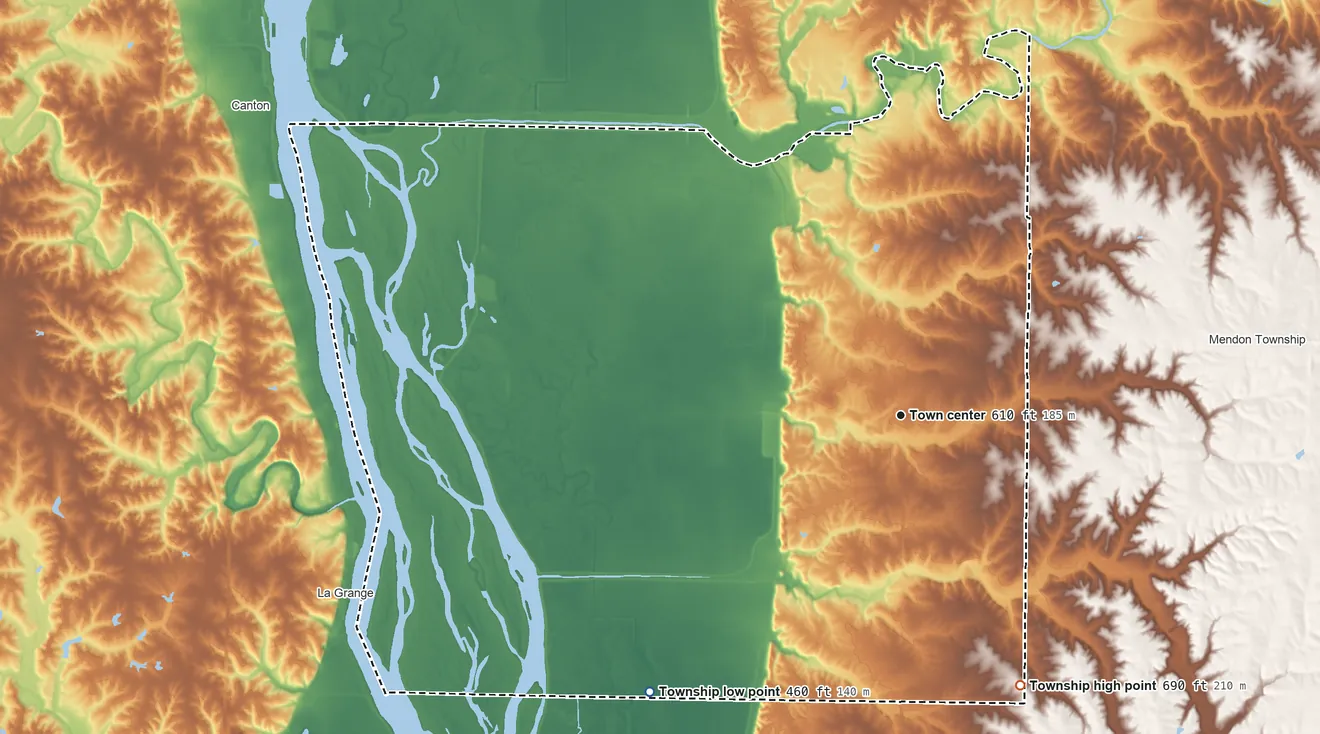 Topographic elevation map of Ursa Township, Illinois, shaded from 460 ft on the southwest side to 690 ft on the southeast side