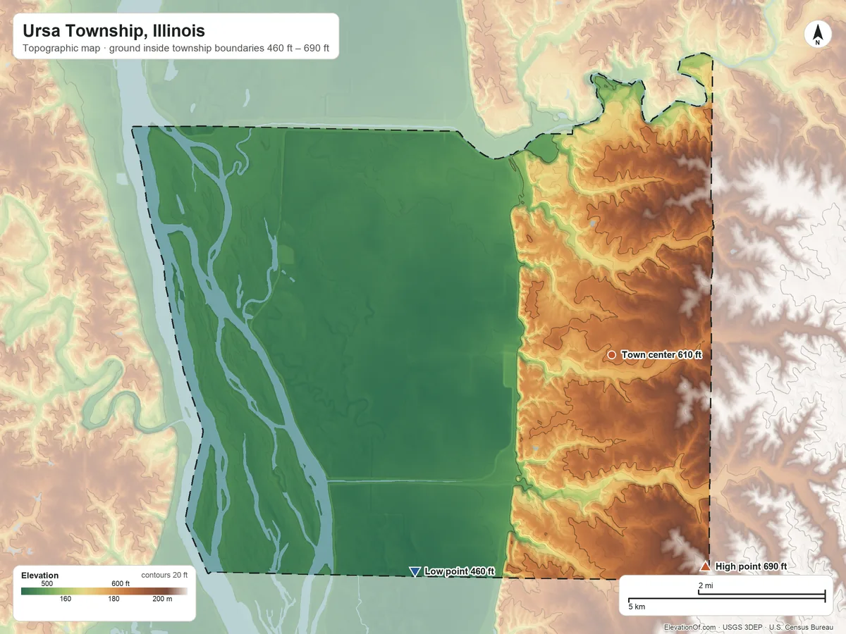 Topographic elevation map of Ursa Township, Illinois, shaded from 460 ft on the southwest side to 690 ft on the southeast side