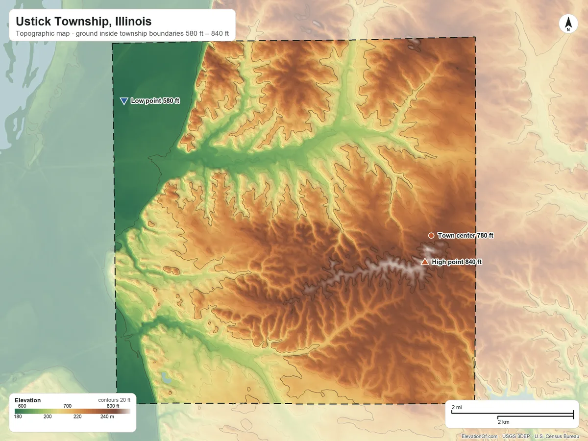 Topographic elevation map of Ustick Township, Illinois, shaded from 580 ft on the northwest side to 840 ft near the middle