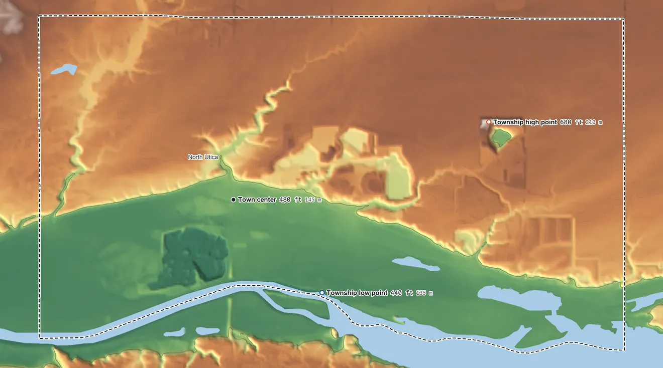 Topographic elevation map of Utica Township, Illinois, shaded from 440 ft on the southeast side to 680 ft on the east side