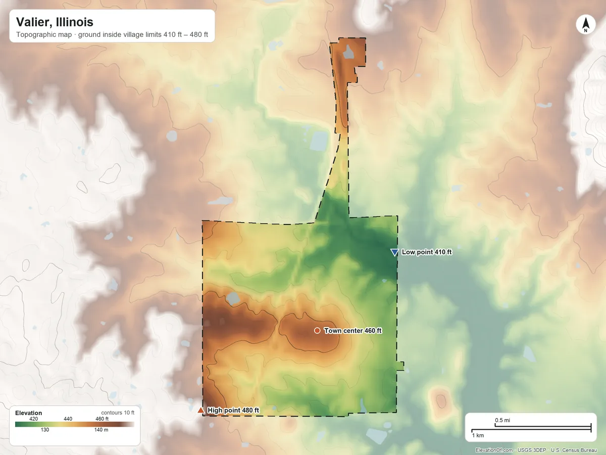 Topographic elevation map of Valier, Illinois, shaded from 410 ft on the northeast side to 480 ft on the southwest side