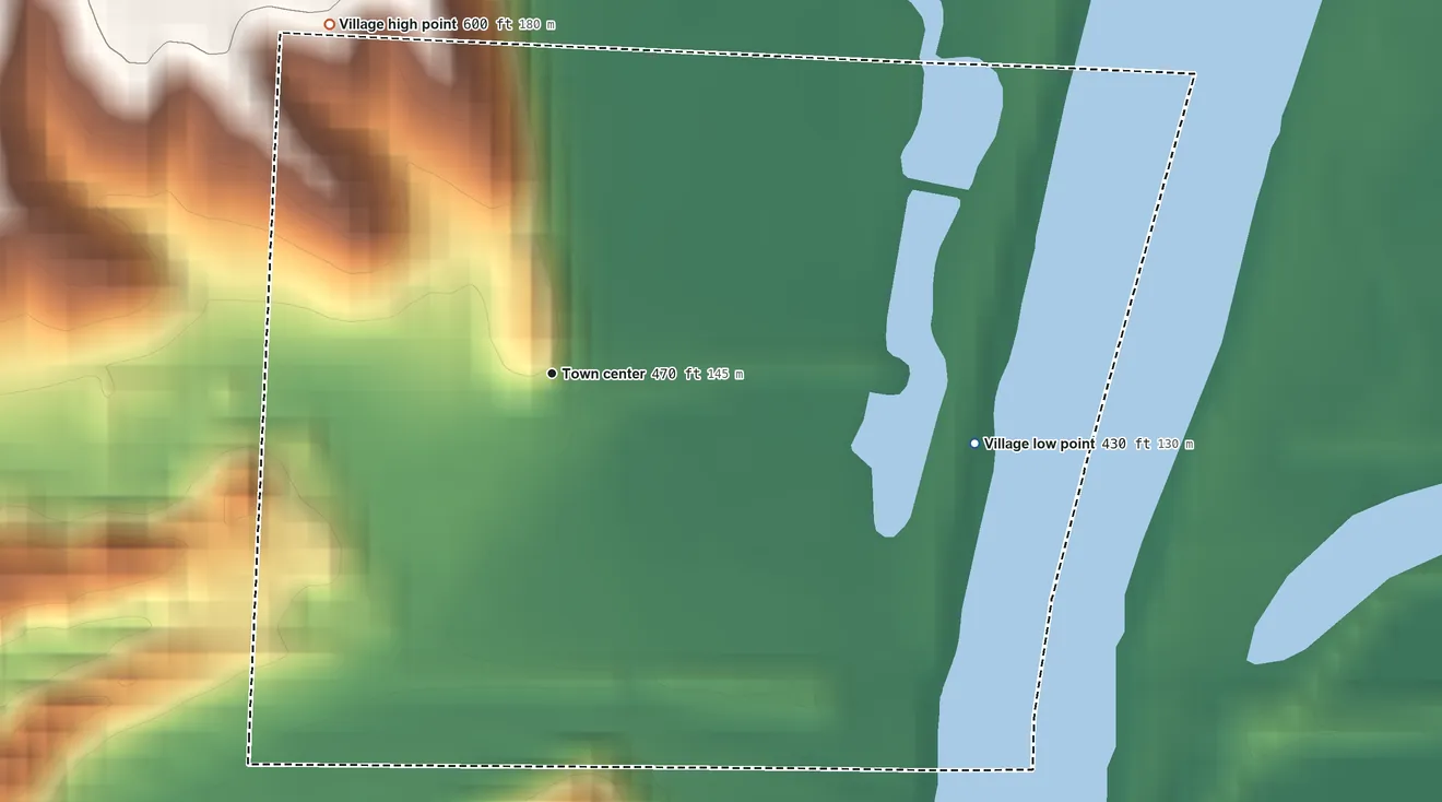 Topographic elevation map of Valley City, Illinois, shaded from 430 ft on the east side to 600 ft on the northwest side