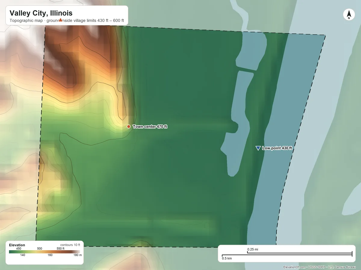 Topographic elevation map of Valley City, Illinois, shaded from 430 ft on the east side to 600 ft on the northwest side