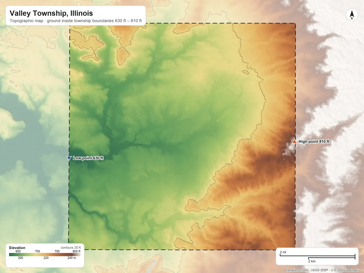 Topographic elevation map of Valley Township, Illinois, shaded from 630 ft on the west side to 810 ft on the east side