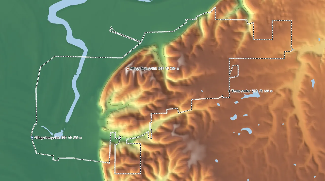 Topographic elevation map of Valmeyer, Illinois, shaded from 390 ft on the west side to 830 ft on the west side