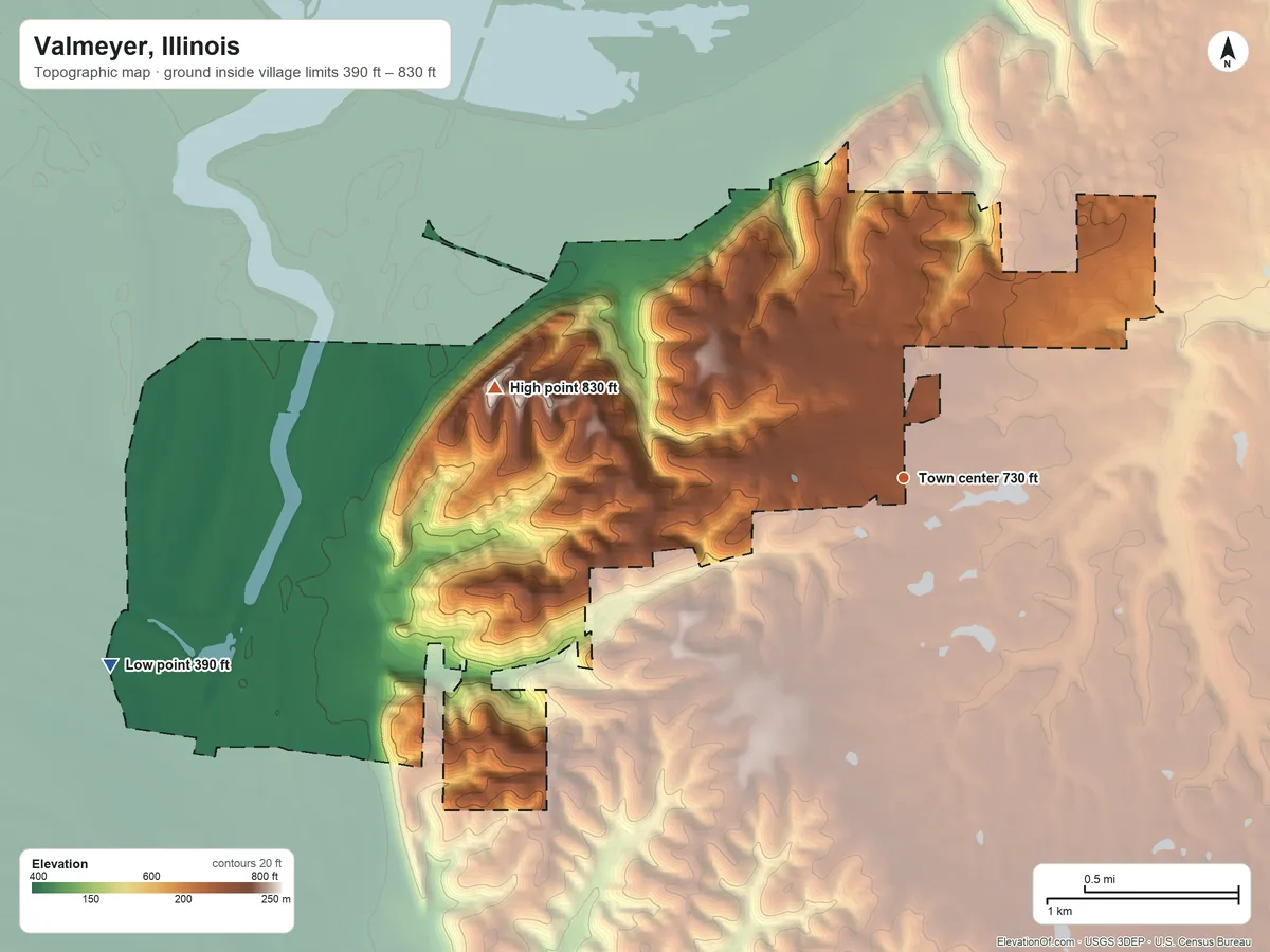 Topographic elevation map of Valmeyer, Illinois, shaded from 390 ft on the west side to 830 ft on the west side