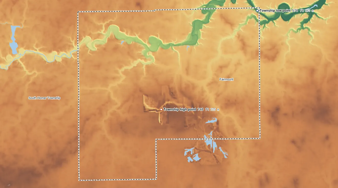 Topographic elevation map of Vance Township, Illinois, shaded from 570 ft on the northeast side to 740 ft on the southwest side