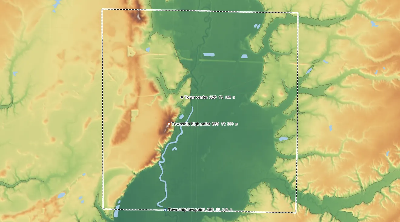 Topographic elevation map of Vandalia Township, Illinois, shaded from 460 ft on the south side to 660 ft on the southwest side