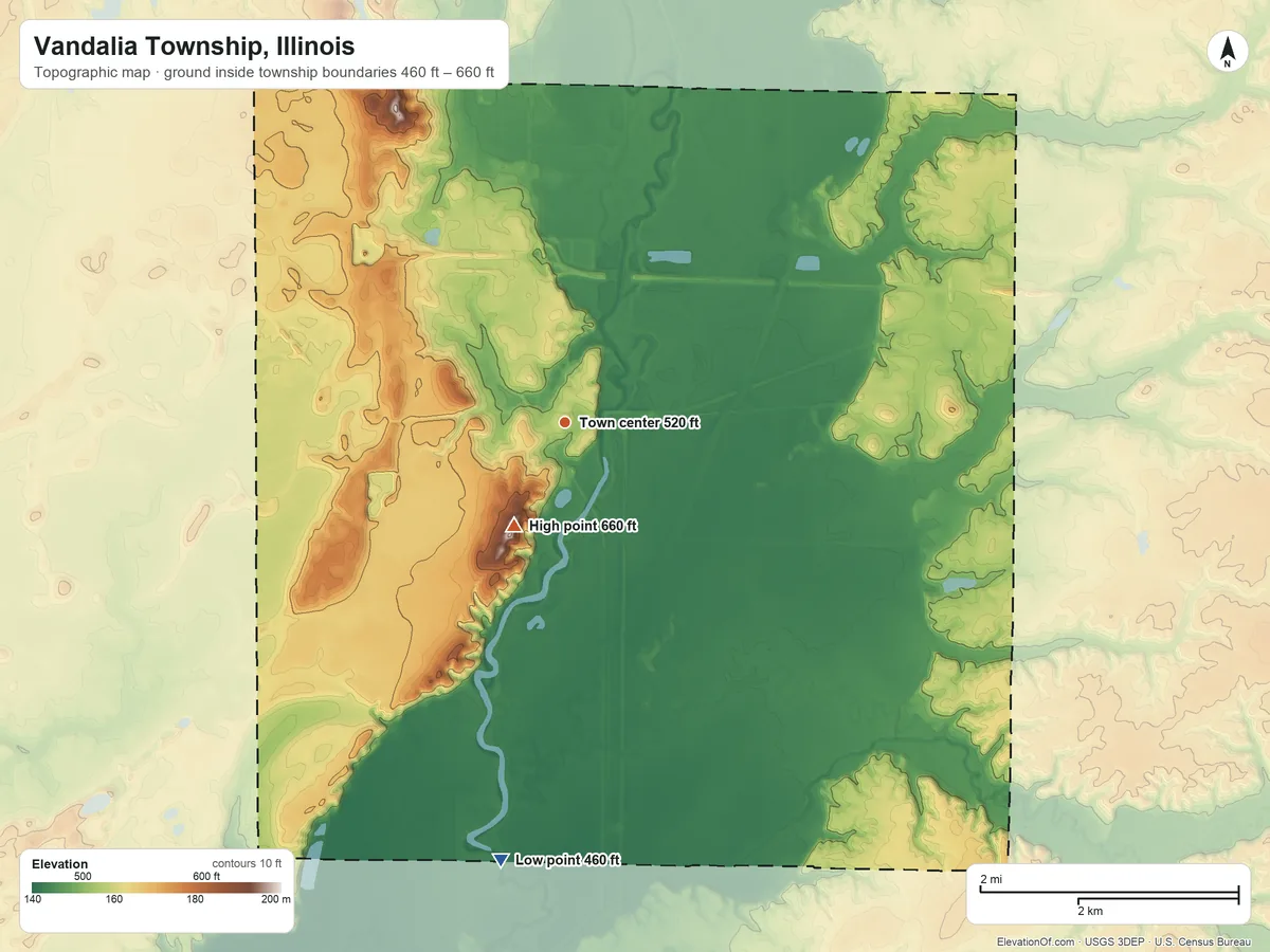 Topographic elevation map of Vandalia Township, Illinois, shaded from 460 ft on the south side to 660 ft on the southwest side
