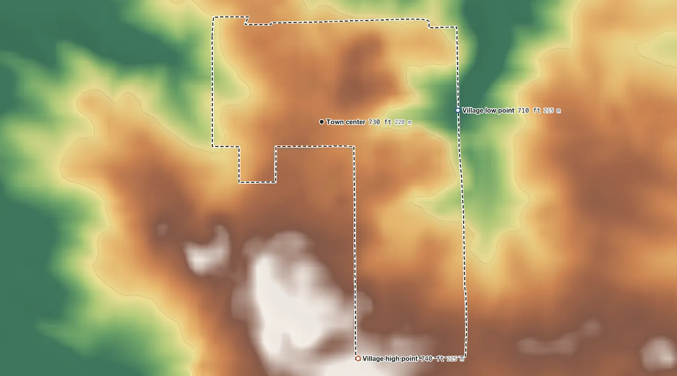 Topographic elevation map of Varna, Illinois, shaded from 710 ft on the east side to 740 ft on the south side