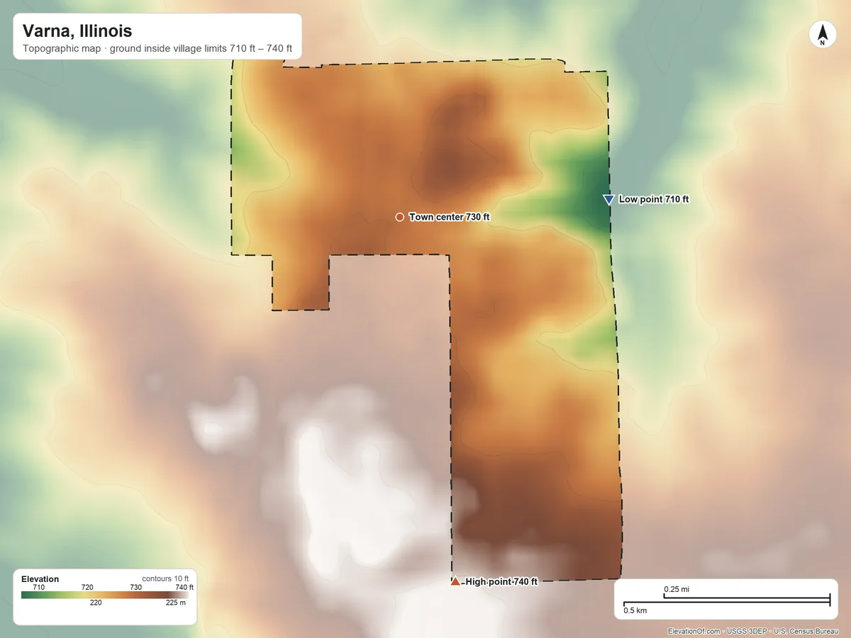 Topographic elevation map of Varna, Illinois, shaded from 710 ft on the east side to 740 ft on the south side
