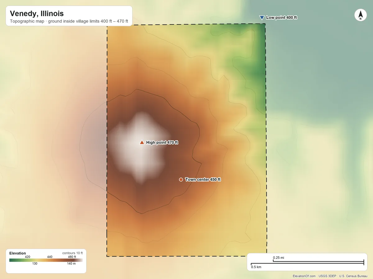 Topographic elevation map of Venedy, Illinois, shaded from 400 ft on the northeast side to 470 ft on the northwest side
