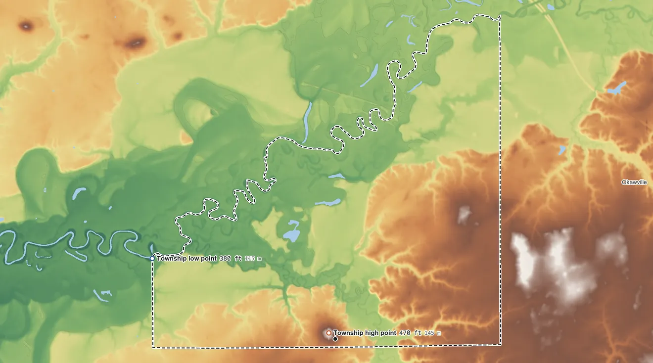 Topographic elevation map of Venedy Township, Illinois, shaded from 380 ft on the northwest side to 470 ft near the middle