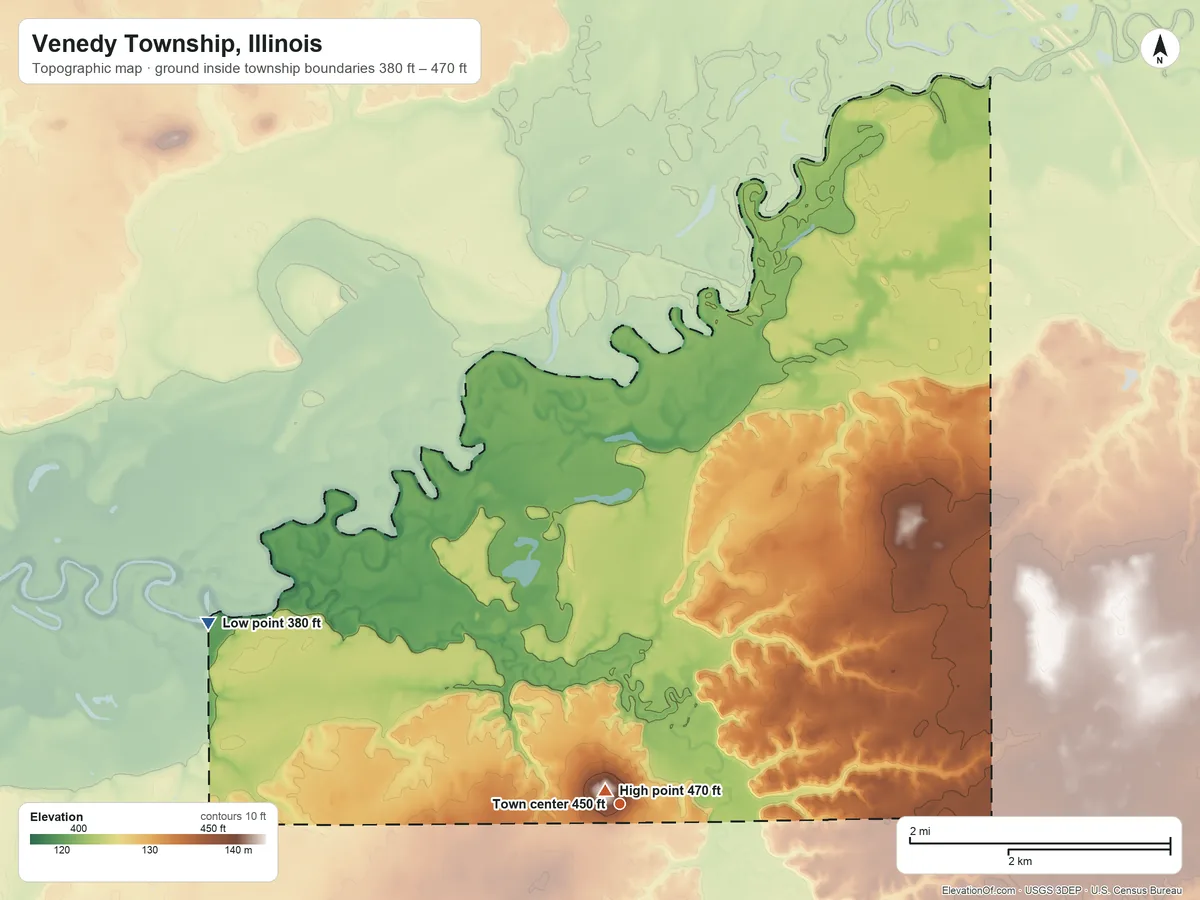 Topographic elevation map of Venedy Township, Illinois, shaded from 380 ft on the northwest side to 470 ft near the middle