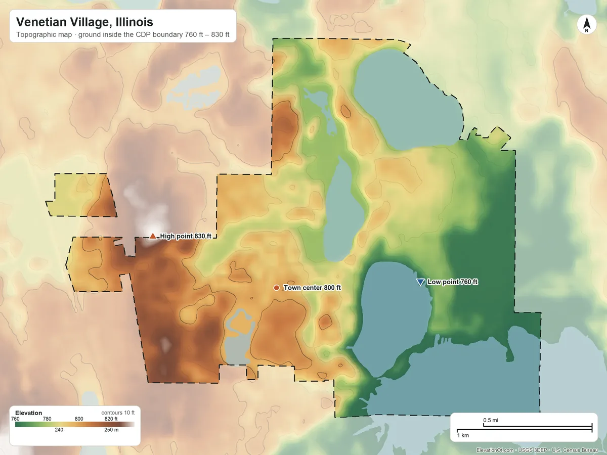 Topographic elevation map of Venetian Village, Illinois, shaded from 760 ft on the east side to 830 ft on the northwest side