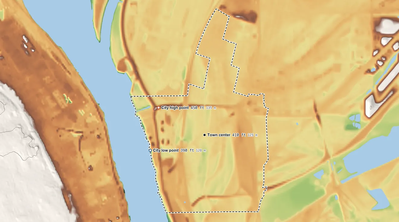 Topographic elevation map of Venice, Illinois, shaded from 390 ft on the west side to 450 ft on the northwest side
