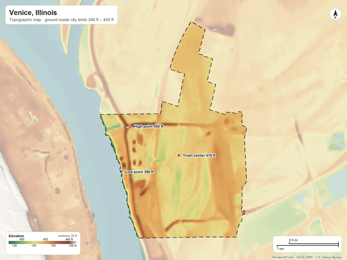Topographic elevation map of Venice, Illinois, shaded from 390 ft on the west side to 450 ft on the northwest side