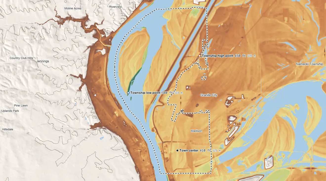 Topographic elevation map of Venice Township, Illinois, shaded from 380 ft on the northwest side to 450 ft on the north side