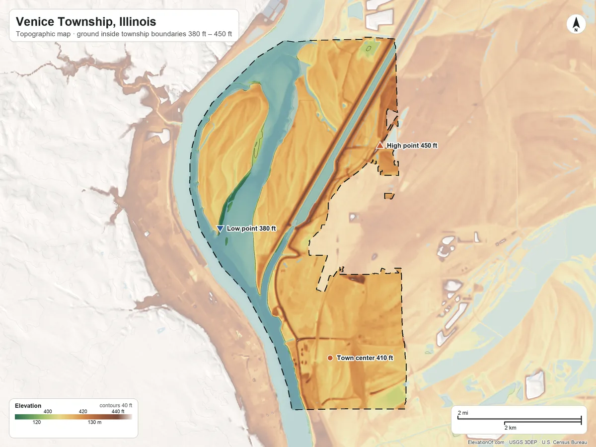 Topographic elevation map of Venice Township, Illinois, shaded from 380 ft on the northwest side to 450 ft on the north side