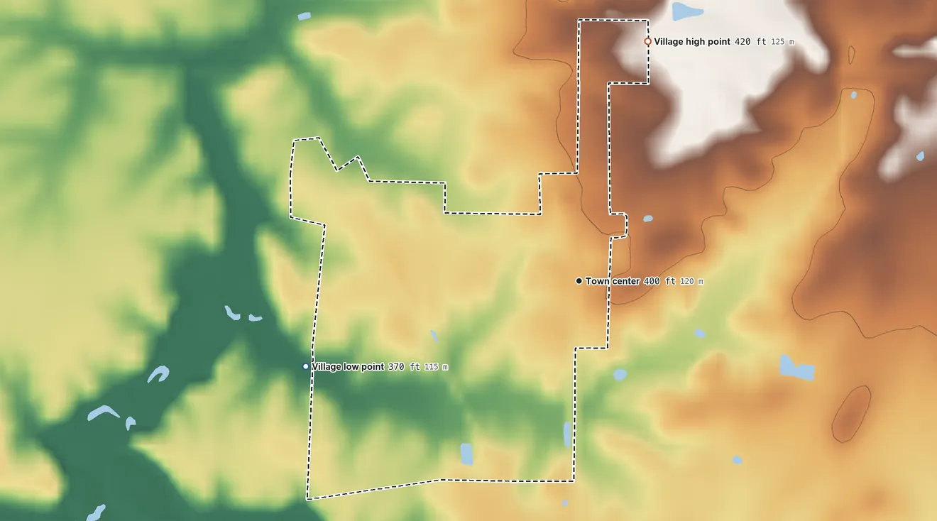 Topographic elevation map of Vergennes, Illinois, shaded from 370 ft on the west side to 420 ft on the north side