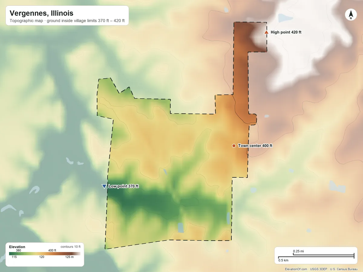 Topographic elevation map of Vergennes, Illinois, shaded from 370 ft on the west side to 420 ft on the north side