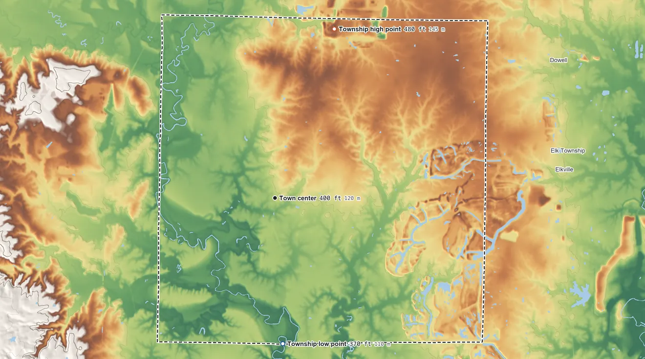 Topographic elevation map of Vergennes Township, Illinois, shaded from 370 ft on the south side to 480 ft on the north side