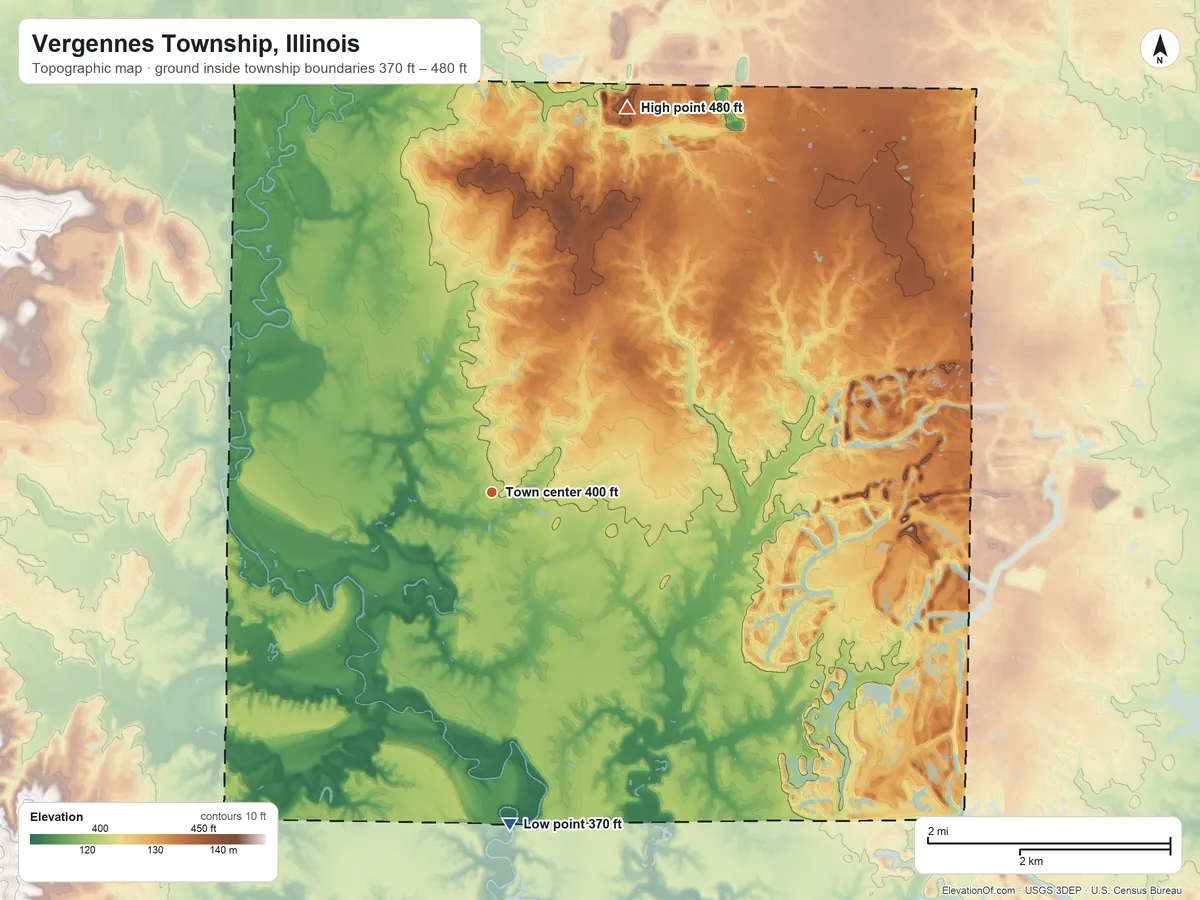 Topographic elevation map of Vergennes Township, Illinois, shaded from 370 ft on the south side to 480 ft on the north side