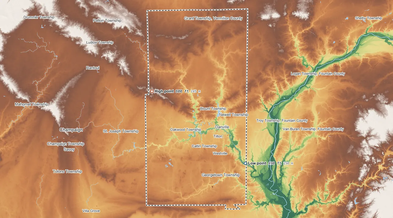 Topographic elevation map of Vermilion County, Illinois, shaded from 490 ft on the southeast side to 800 ft on the west side