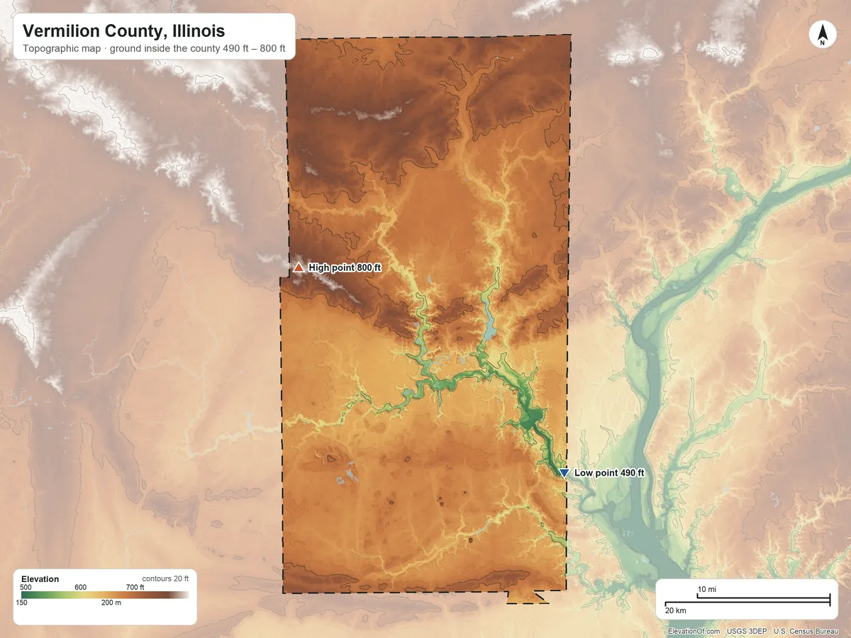 Topographic elevation map of Vermilion County, Illinois, shaded from 490 ft on the southeast side to 800 ft on the west side