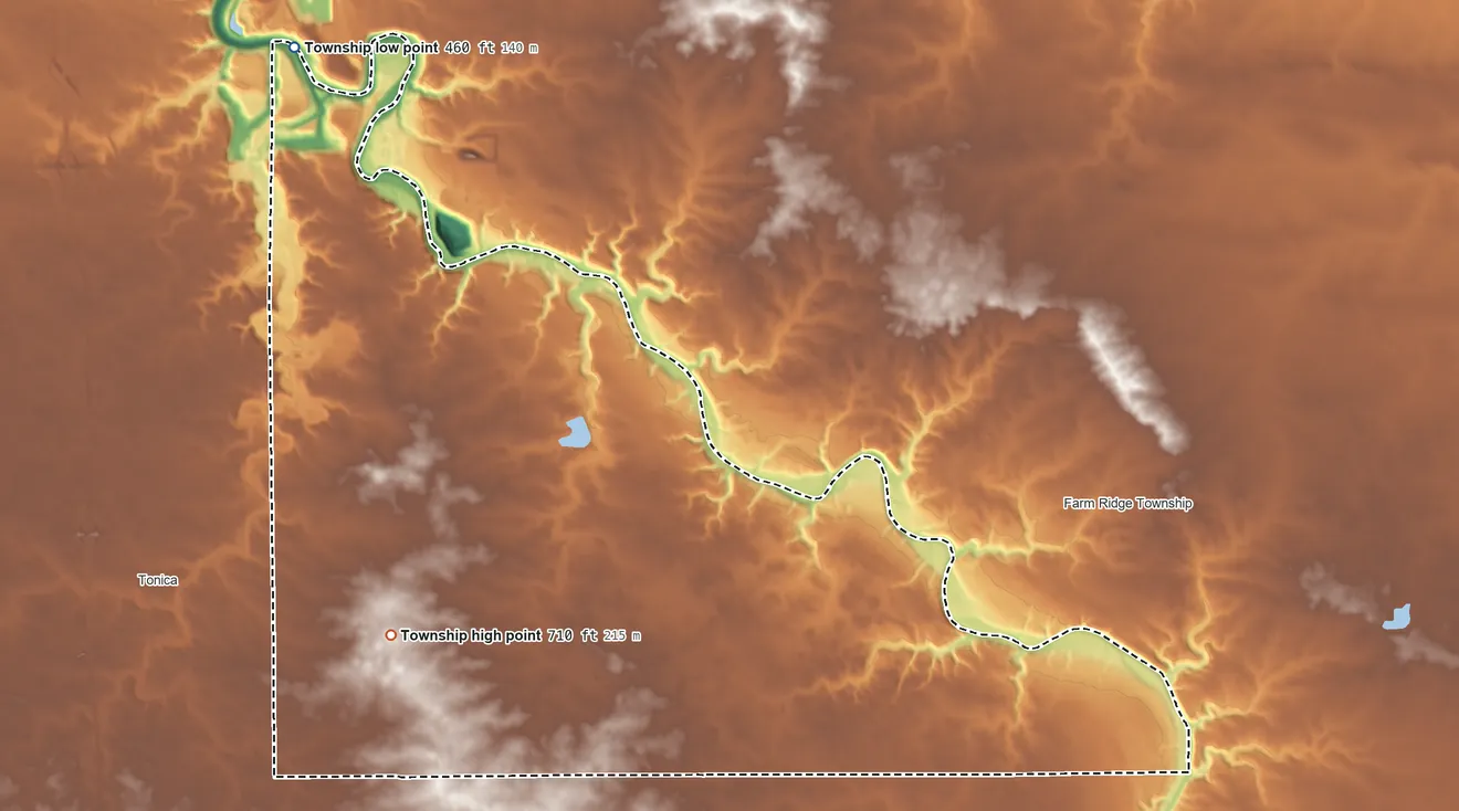 Topographic elevation map of Vermillion Township, Illinois, shaded from 460 ft on the northwest side to 710 ft on the southwest side